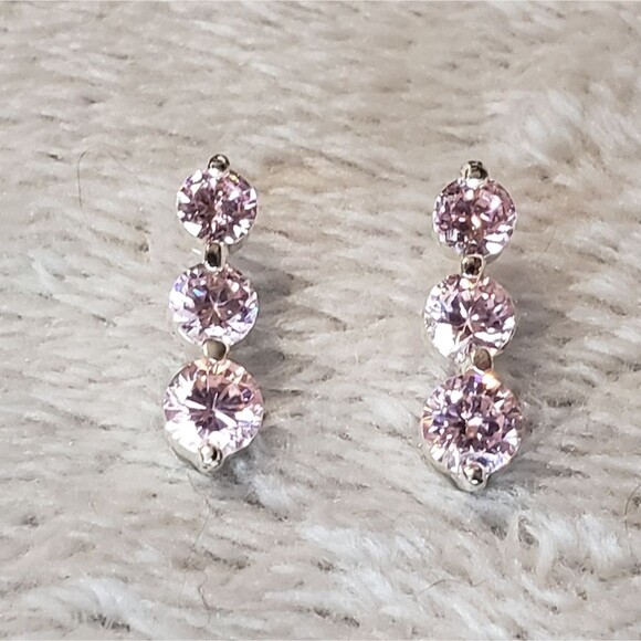 Pink Topaz Trilogy setting Pierced Earrings - Picture 6 of 6